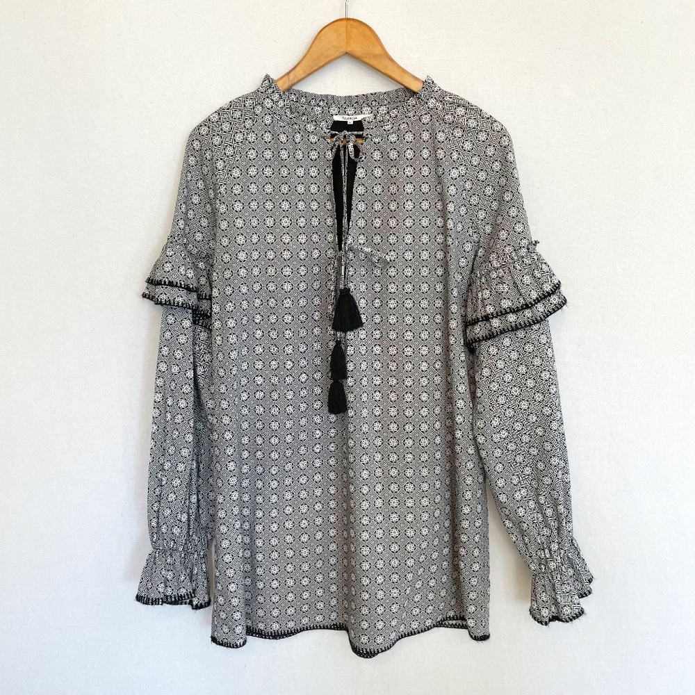 TULAROSA Women’s Medium Black & White Tunic Ruffle Neck & Sleeves